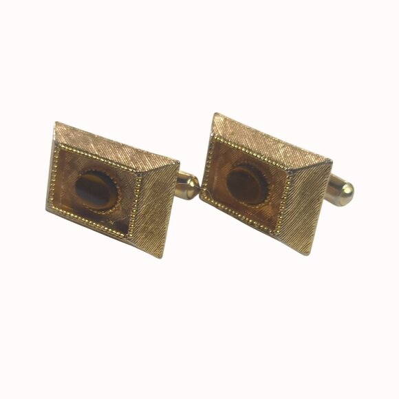 Vintage Mid Century Gold Tone Tigers Eye Rectangular Cufflinks - Picture 2 of 4